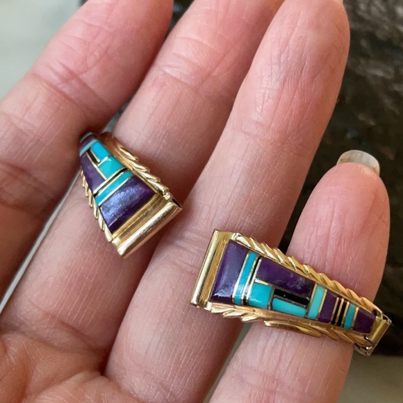 14K Gold Vintage Zuni Native American Watch Tips signed Walley - Picture 8 of 13